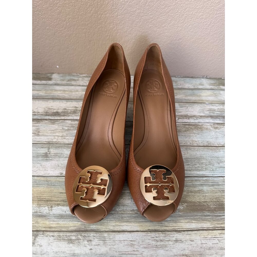 Tory Burch Women's Sally 2 Cognac Leather Peep Toe Wedge Heels Sz 11 Used No Box - Picture 2 of 11